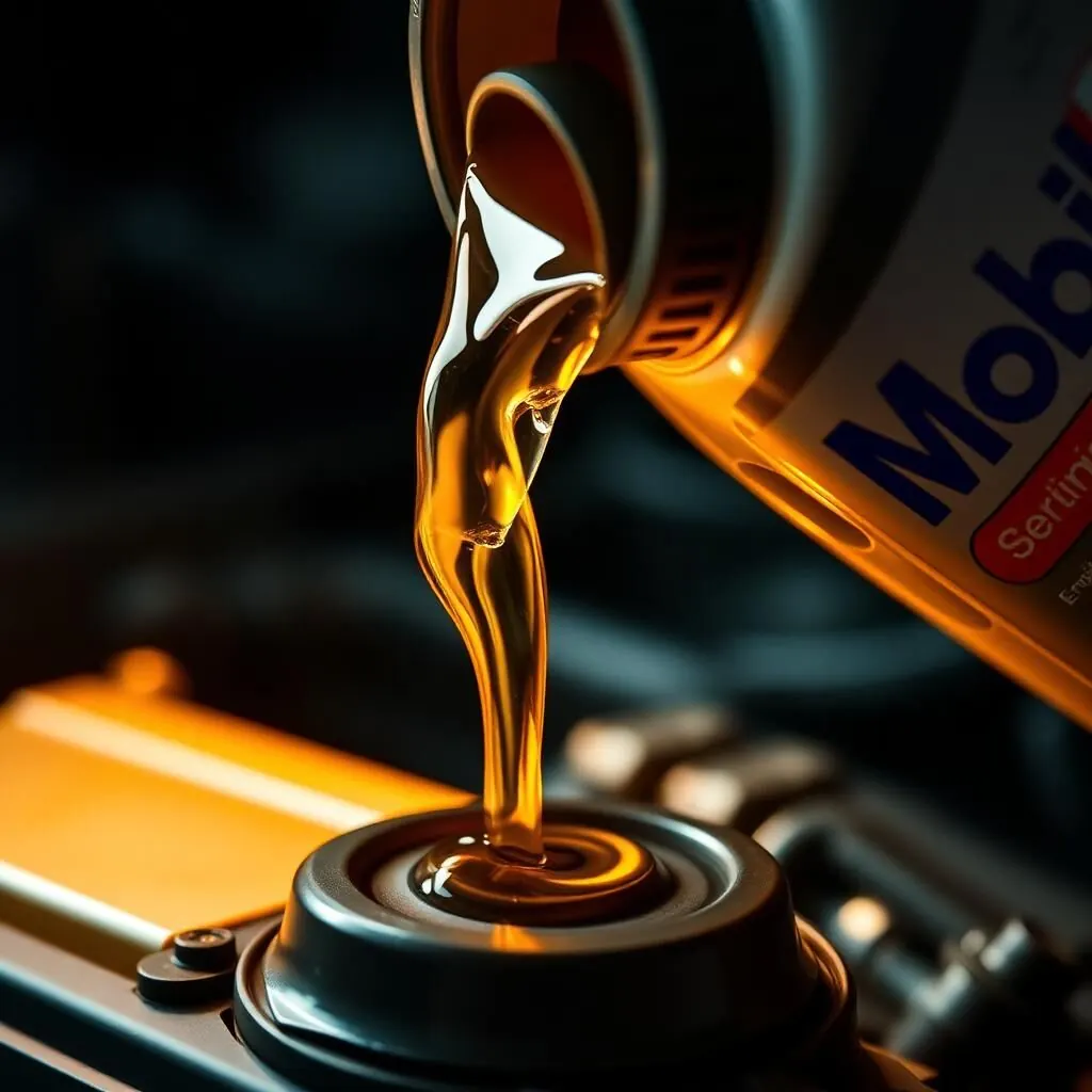 Fresh clean Mobil 1 motor oil being poured