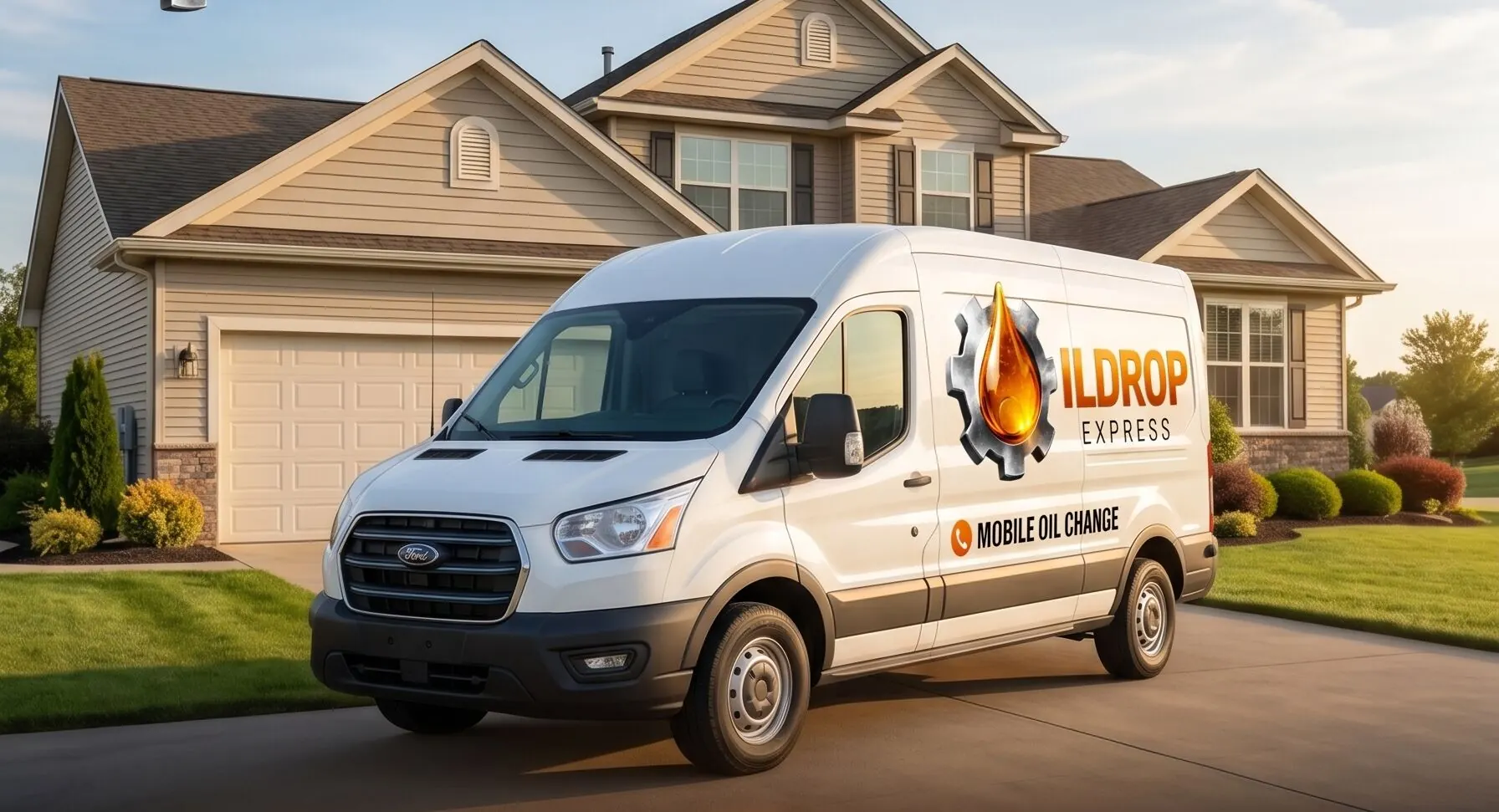 Oildrop Express mobile service van parked in front of a customer's home